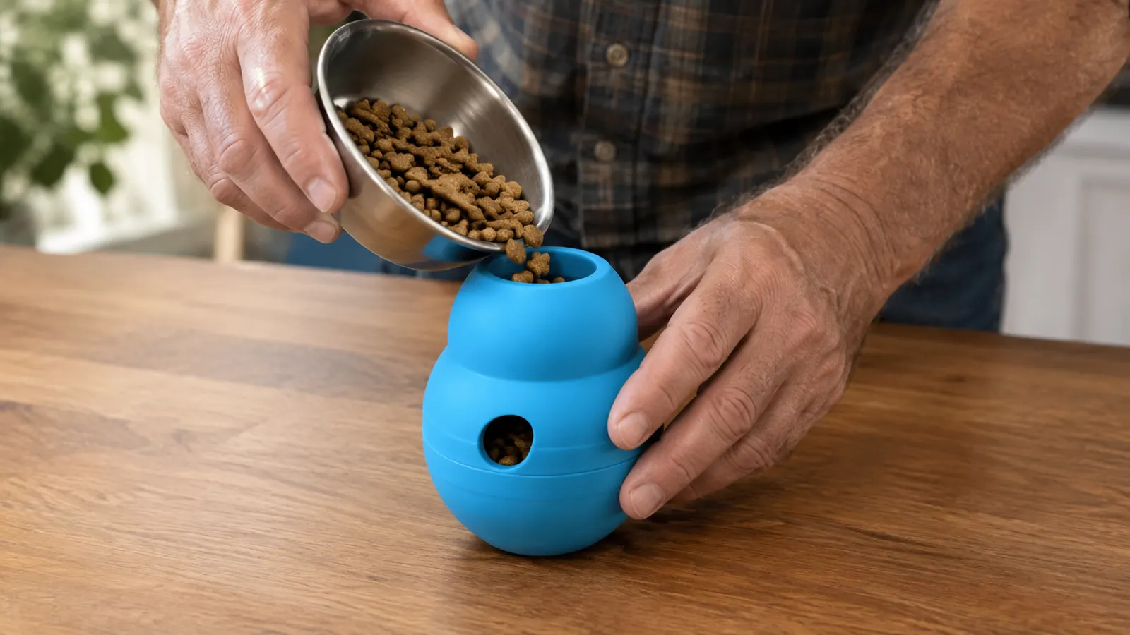 A hand dropping kibble into the top of a treat-dispensing toy