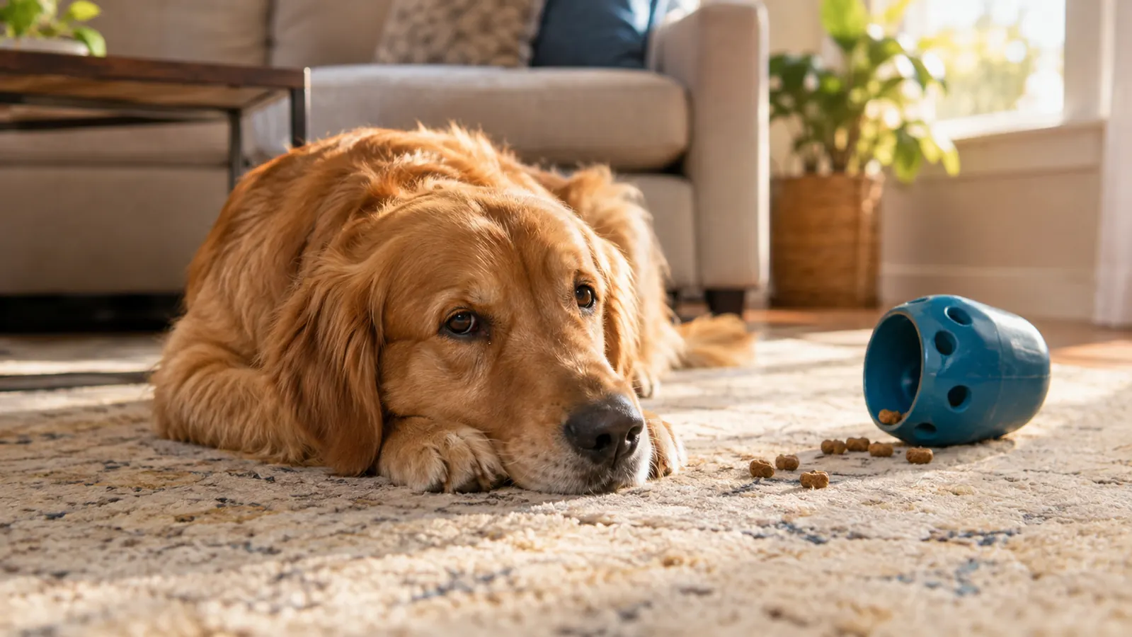 A dog lying on a rug after a long play session with a treat toy