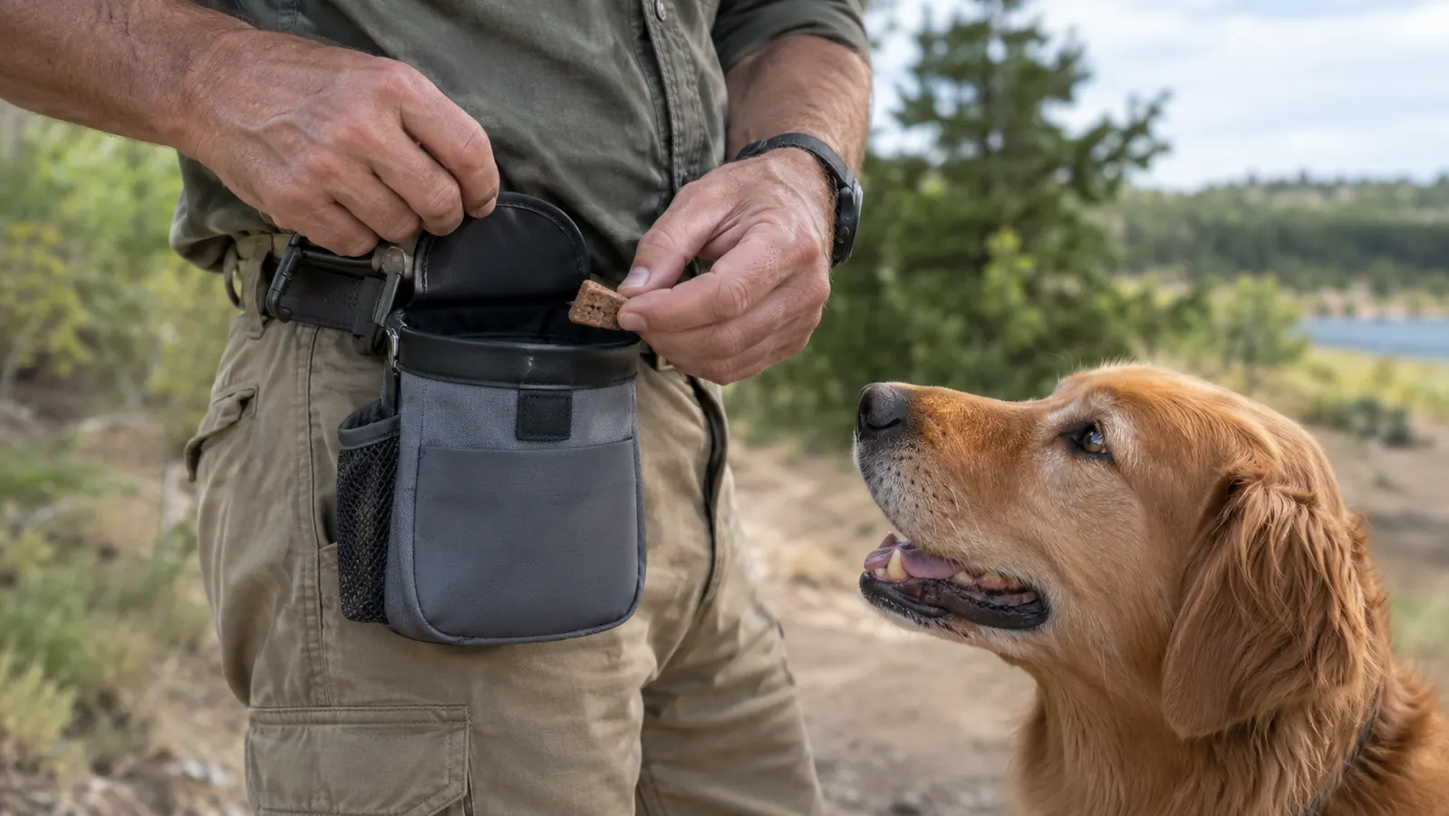 A hand reaching into a small pouch clipped to a waistband, taking out a treat for a waiting dog