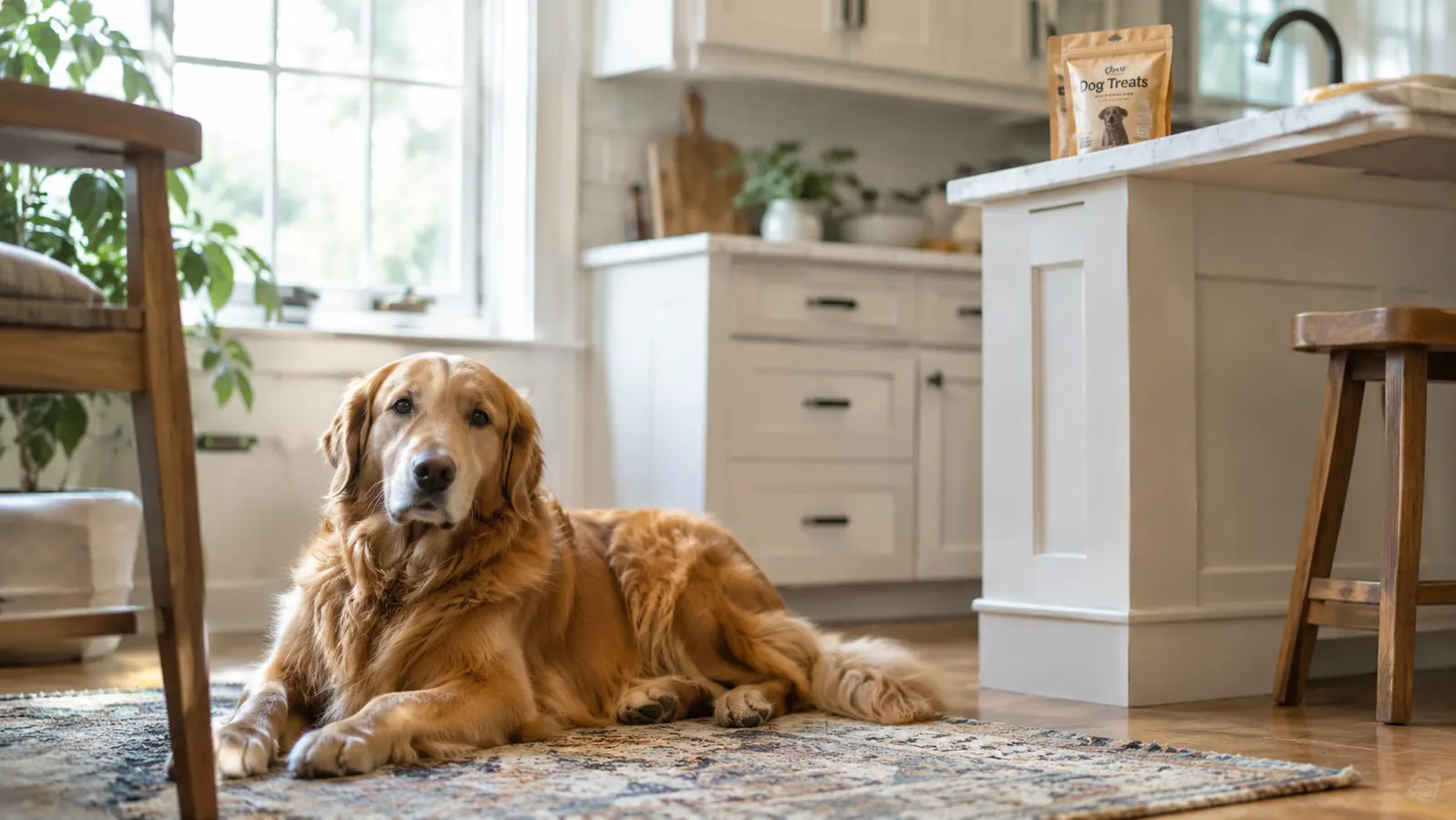 A dog resting on a rug at home with a treat pouch on a kitchen counter nearby