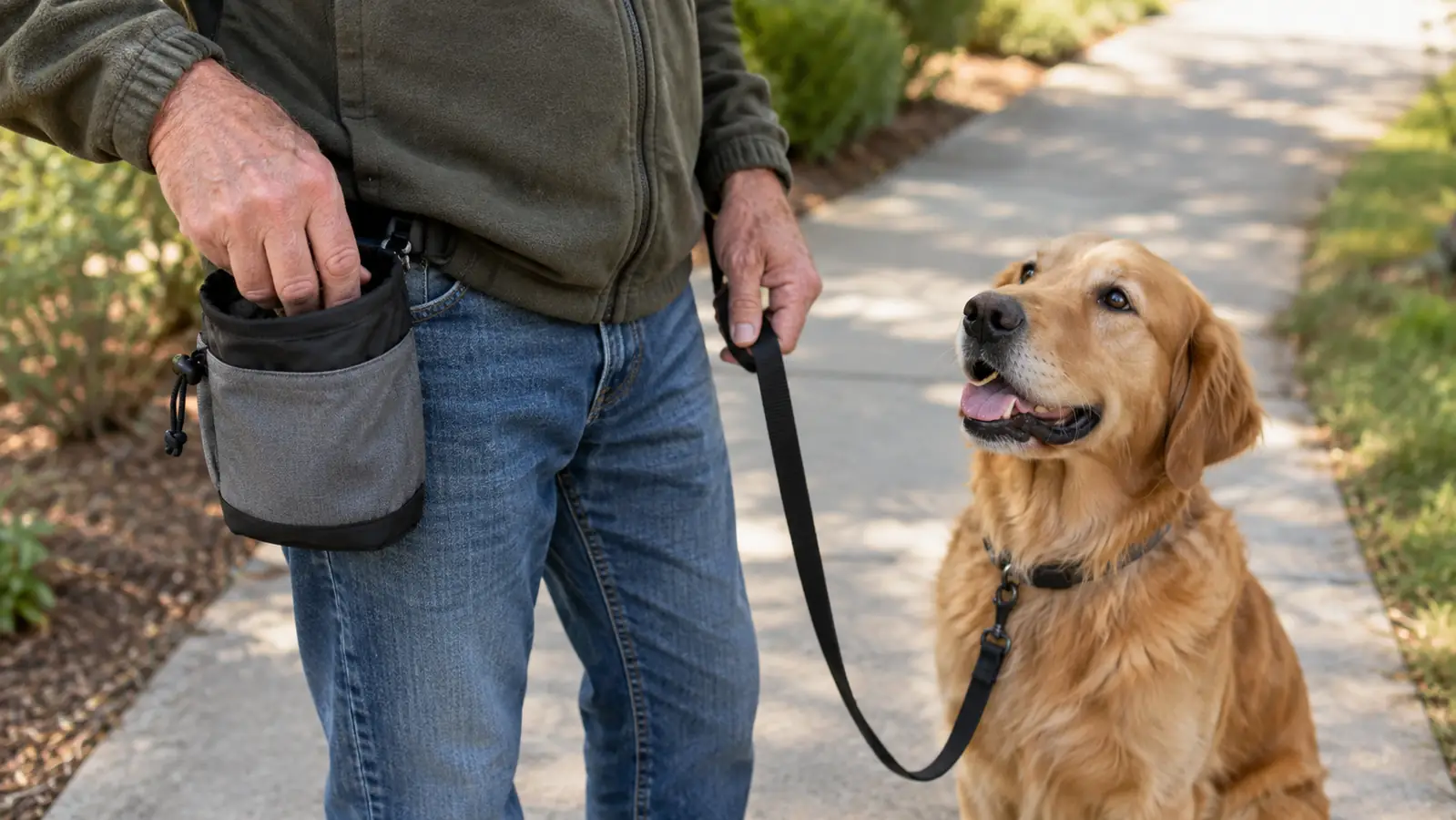 A hand reaching into an open treat pouch to offer a reward to a dog sitting on a sidewalk