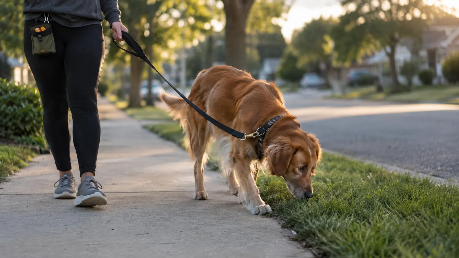 A dog on a leash sniffing grass while a walker's treat pouch hangs at the hip