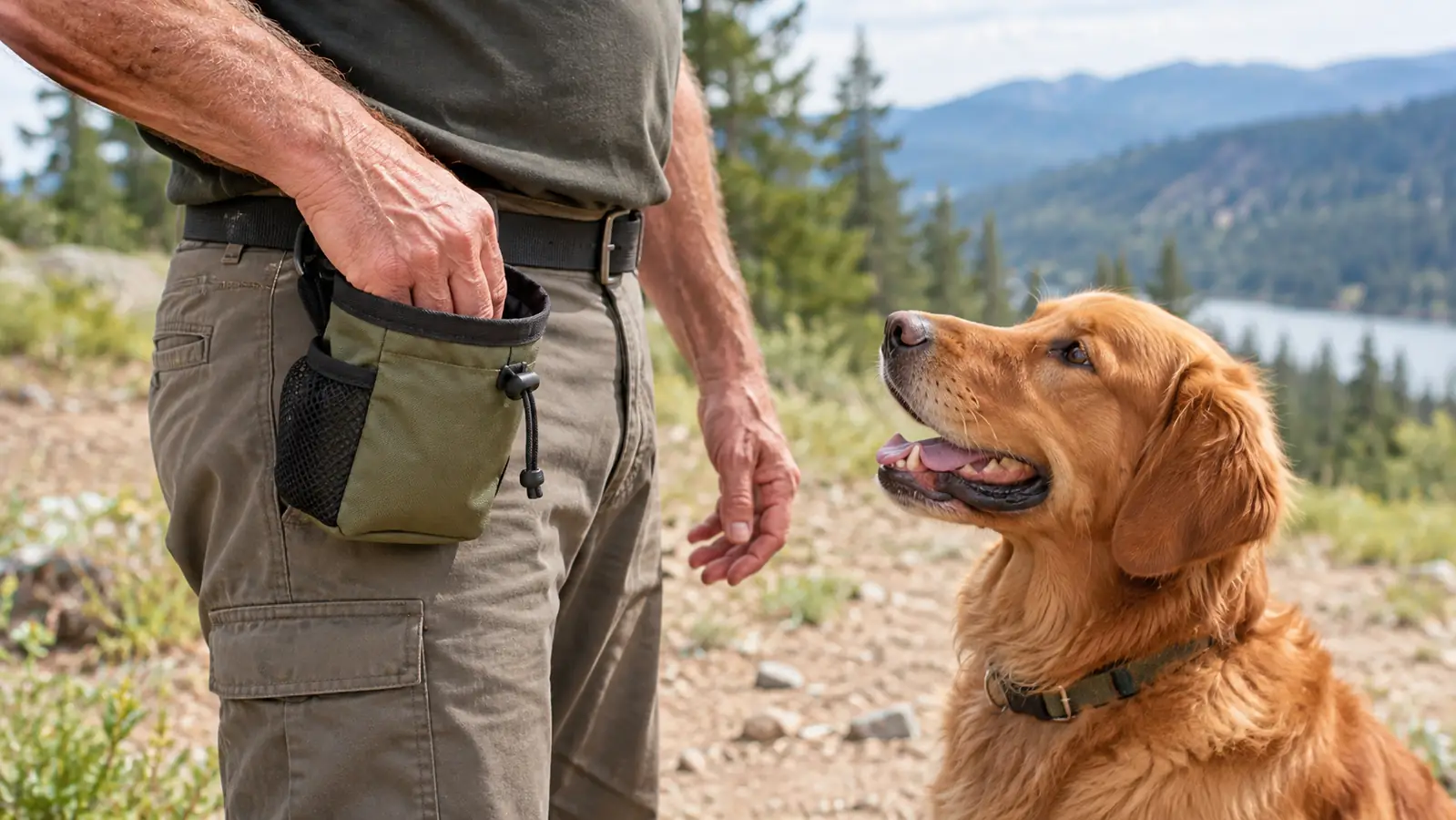A hand reaching into an open treat pouch clipped at the waist while a dog sits and waits for a reward