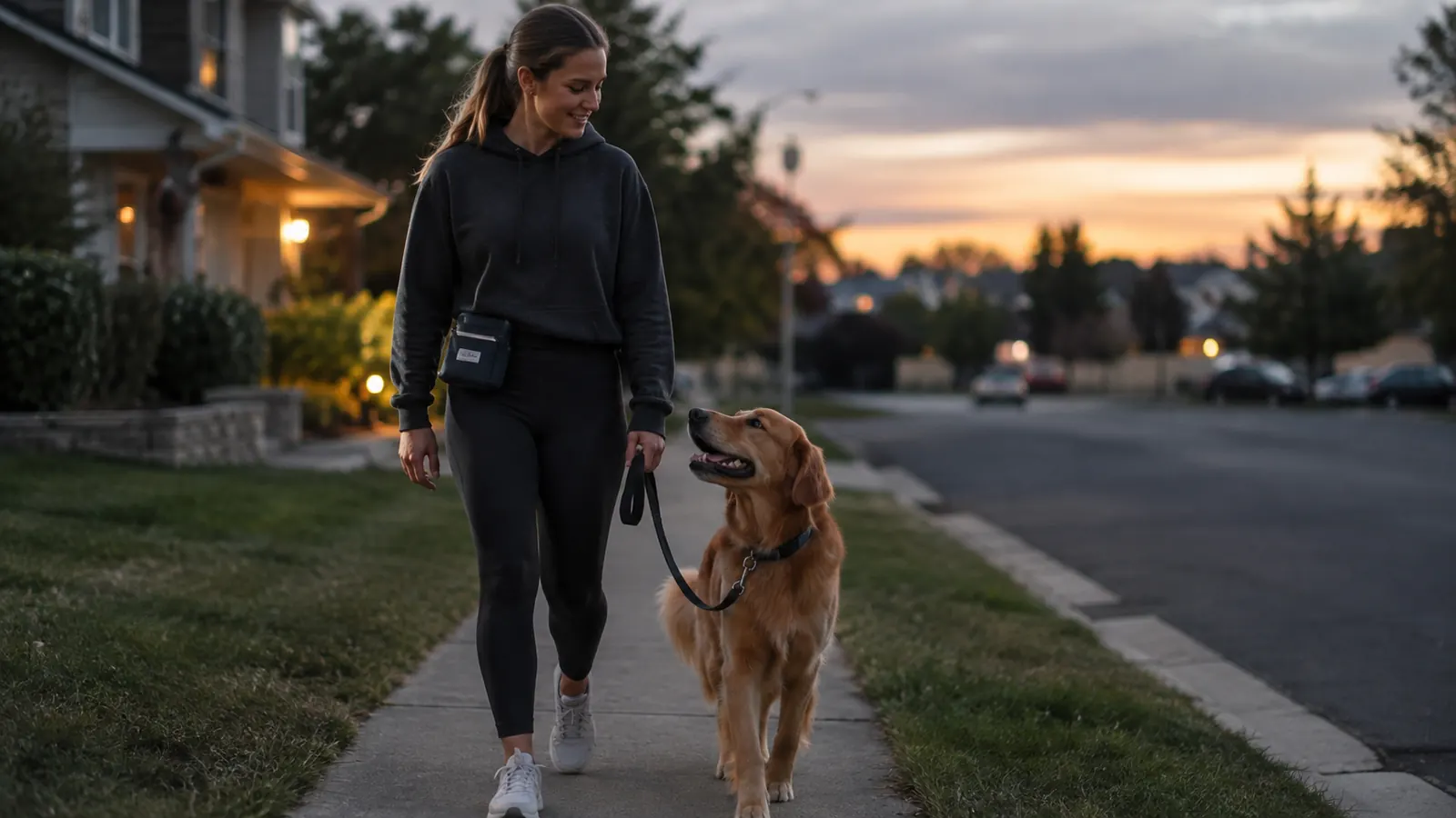 A person walking a dog on a neighborhood sidewalk at dusk, with a treat pouch clipped to their belt