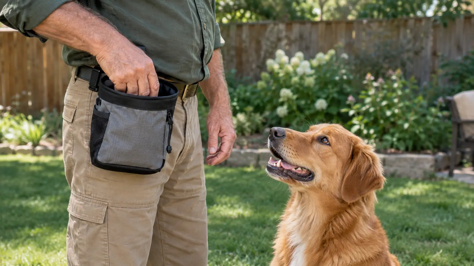 A hand reaching into an open treat pouch clipped at the waist, with a dog sitting in front waiting for a reward