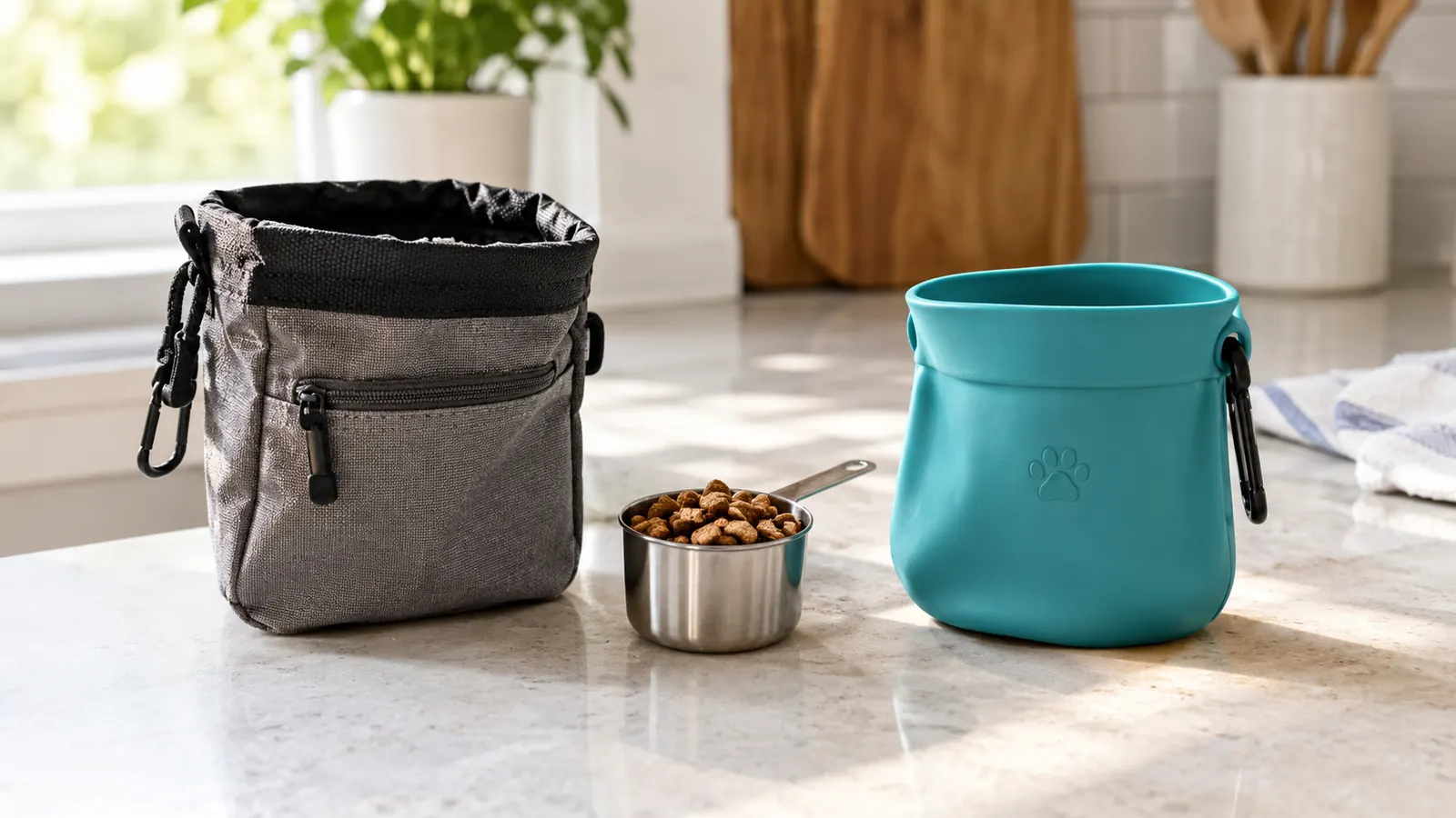 Two treat pouches side by side on a kitchen counter, one fabric and one silicone, with a measuring cup of treats between them